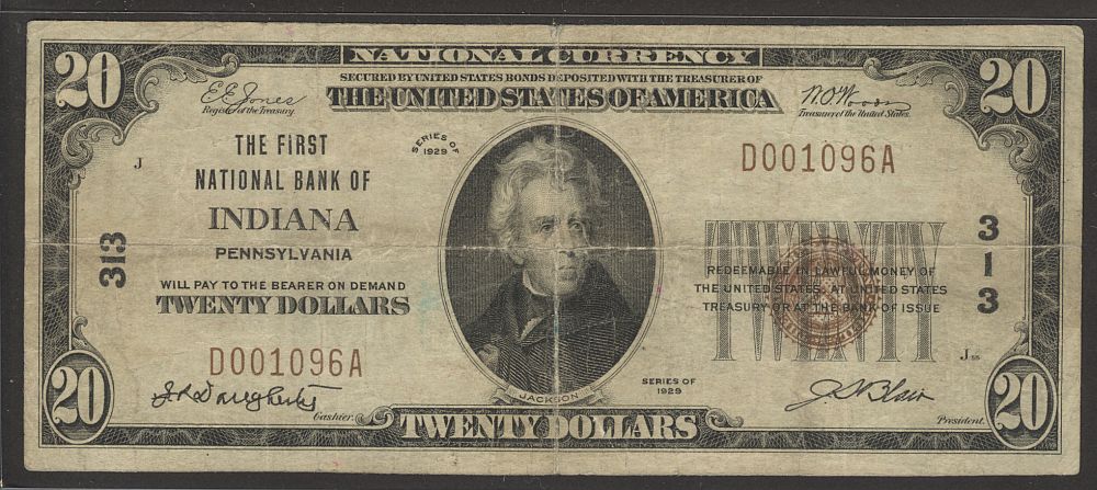 Indiana, PA, Ch.#313, 1929T1 $20, 1st NB, D001096A, Fine